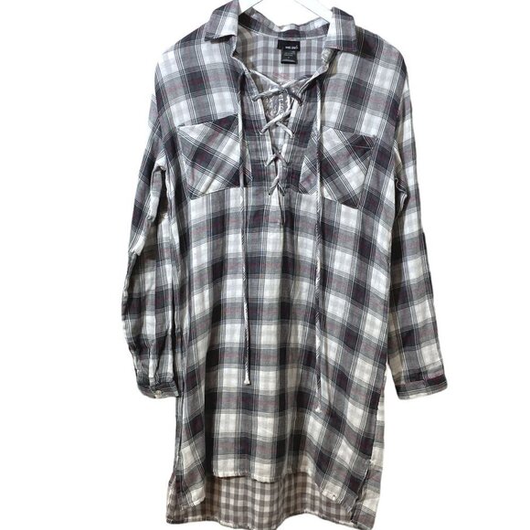 WET SEAL Plaid Tunic Top Small Black Check Lace up Long Shirt NWT - Picture 1 of 11